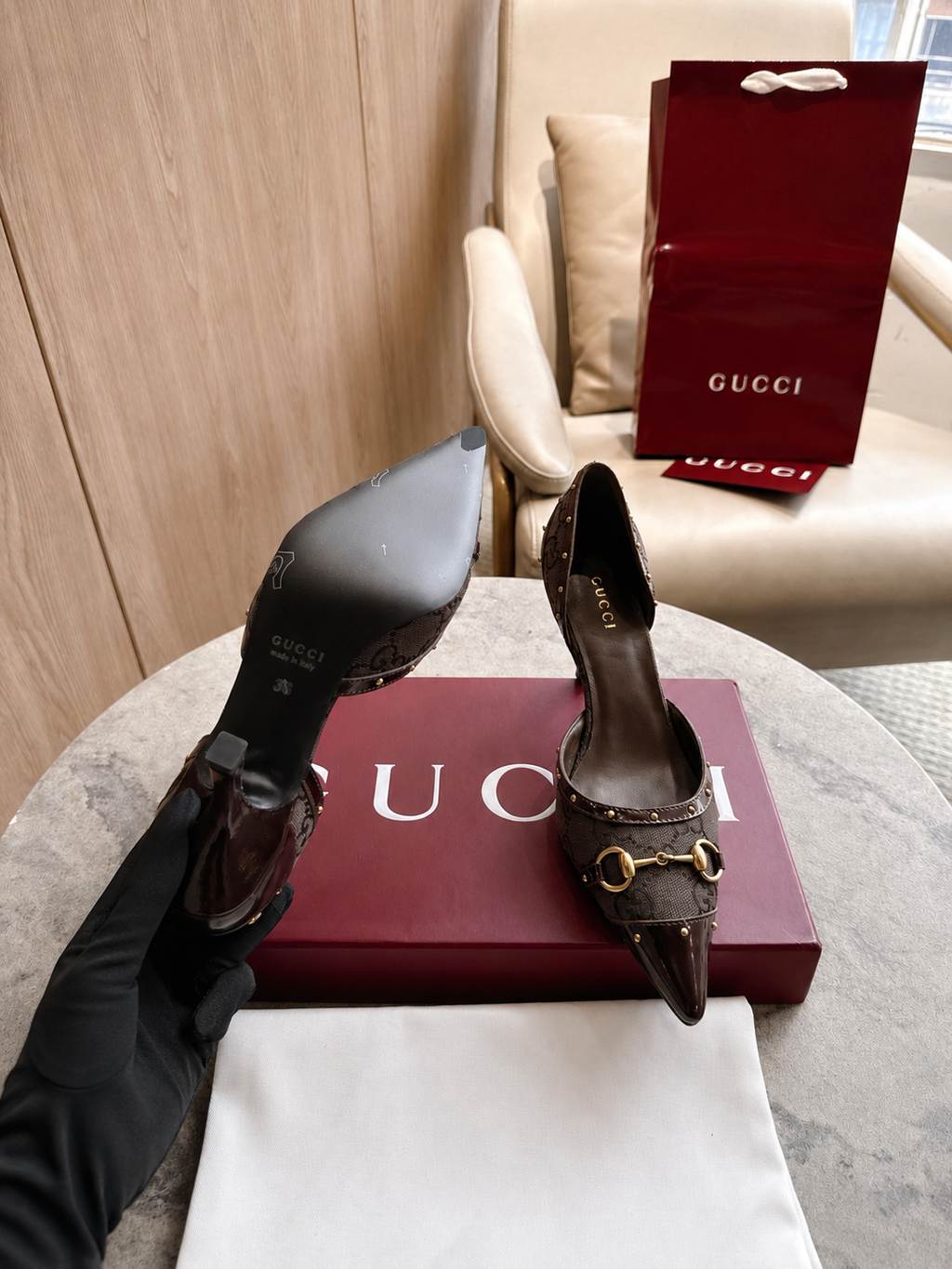 Gucci Brown GG Canvas Horsebit Studded Pointed-Toe D’Orsay Pumps