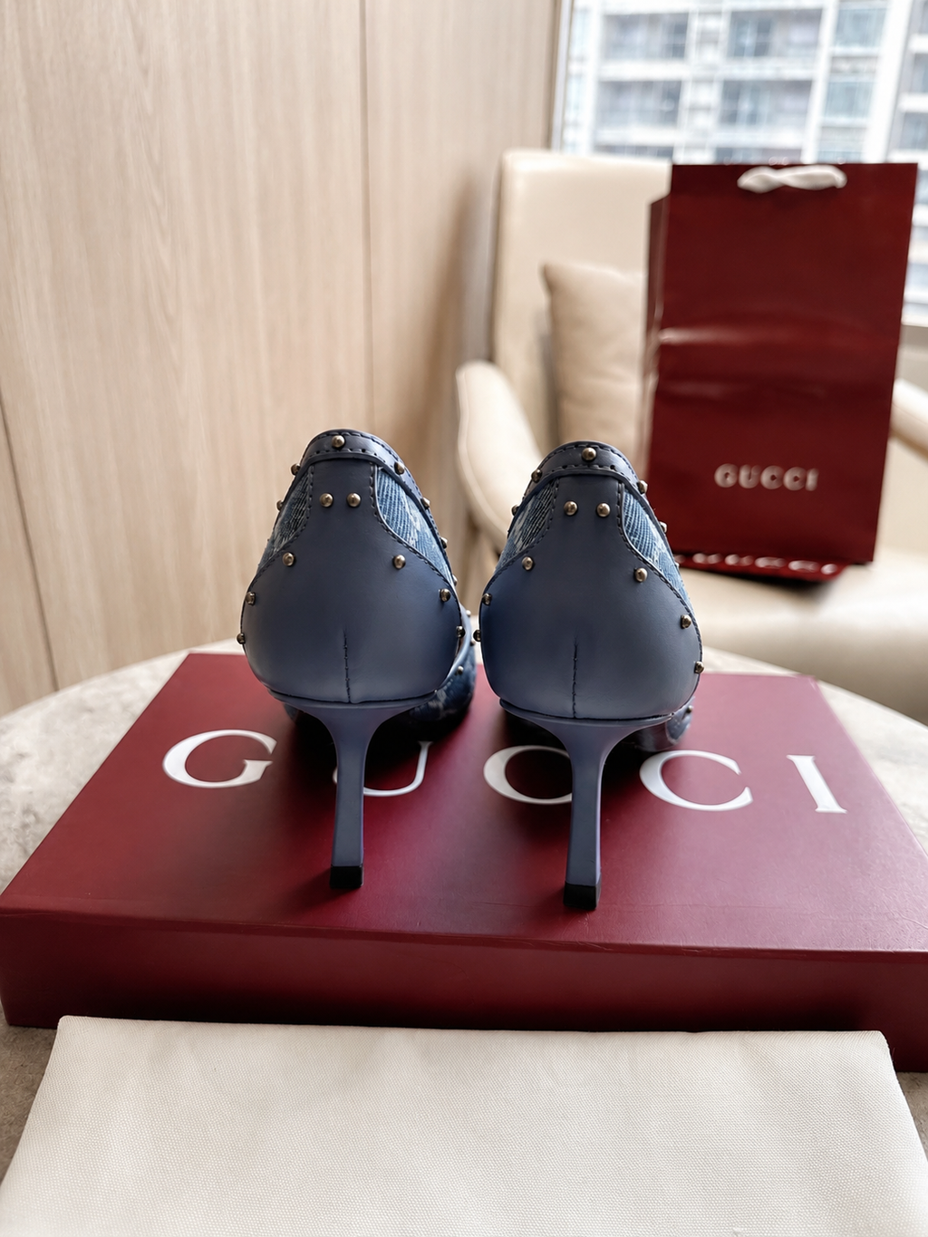 Gucci Gray GG Canvas Horsebit Studded Pointed-Toe D’Orsay Pumps
