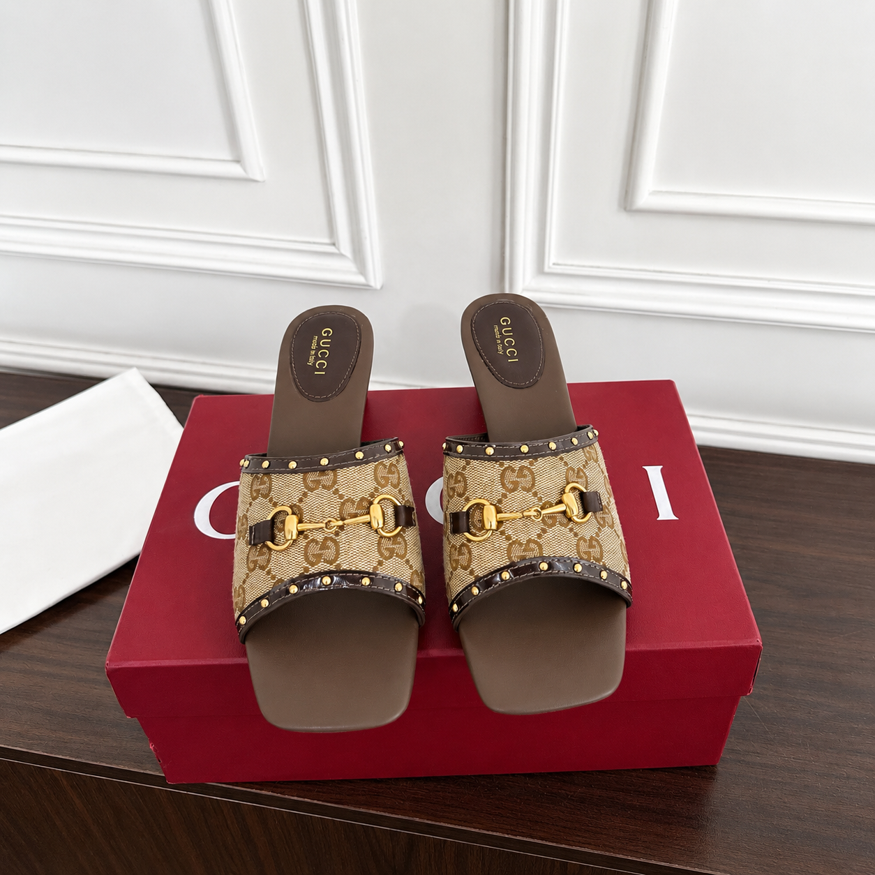 Gucci GG Monogram Canvas Heeled Mule with Gold Horsebit Hardware