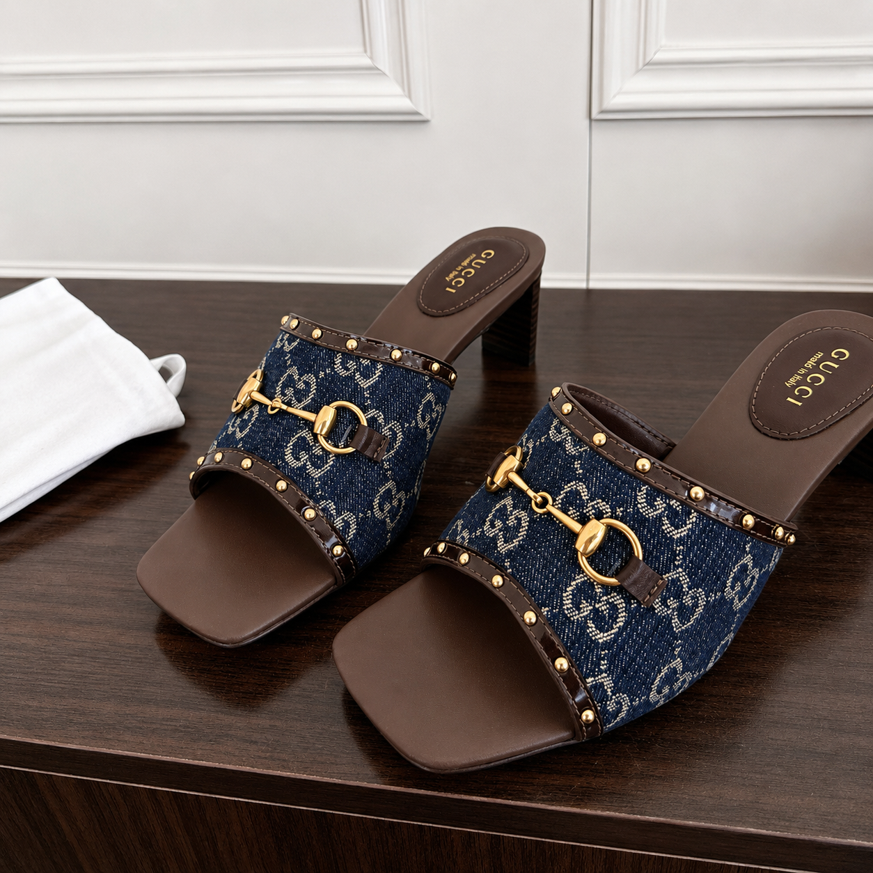 Gucci GG Monogram Denim Slide Sandal with Gold Horsebit Hardware