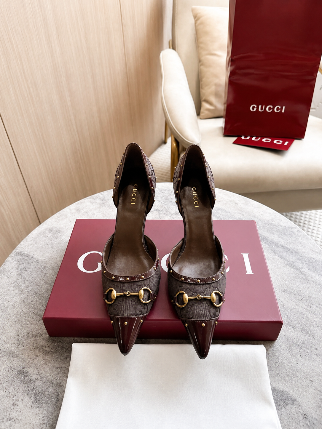 Gucci Brown GG Canvas Horsebit Studded Pointed-Toe D’Orsay Pumps