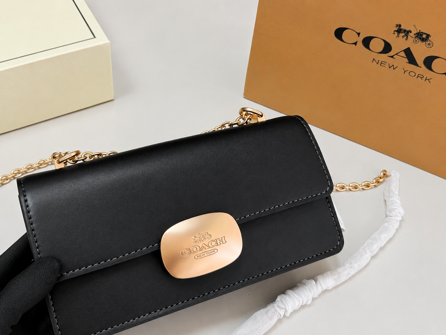 Coach Logo Plaque Chain Crossbody Bag Black Leather Gold Chain