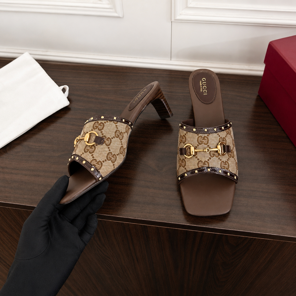 Gucci GG Monogram Canvas Heeled Mule with Gold Horsebit Hardware
