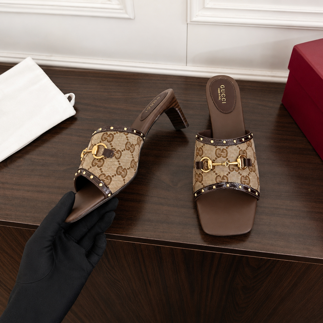 Gucci GG Monogram Canvas Heeled Mule with Gold Horsebit Hardware
