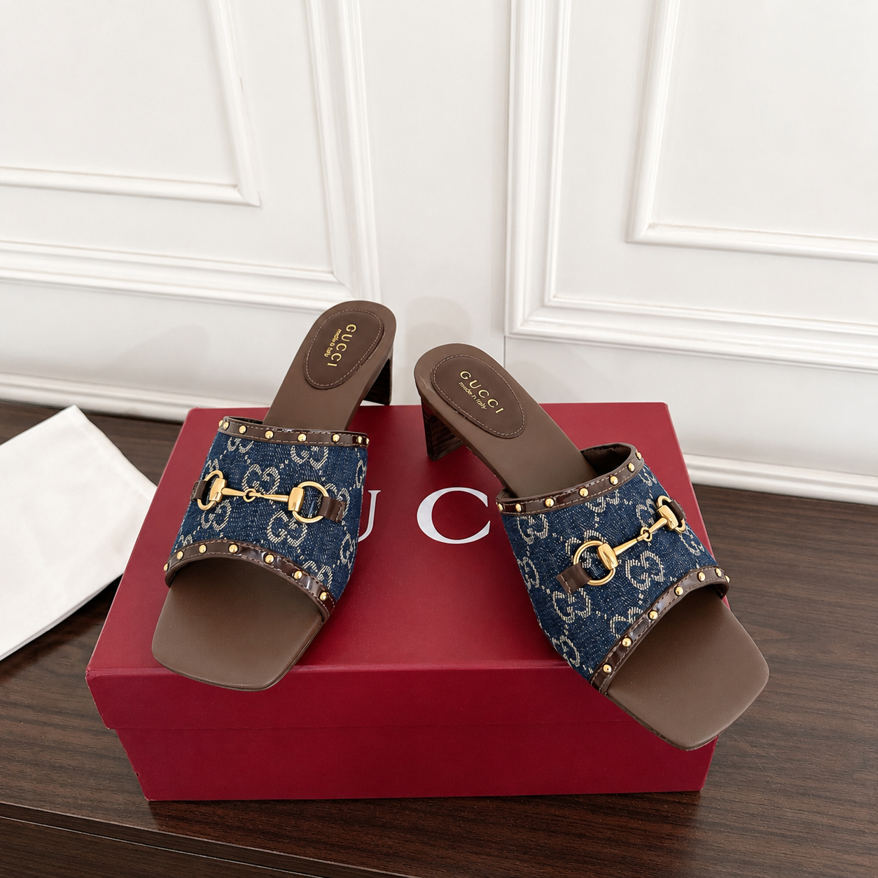 Gucci GG Monogram Denim Slide Sandal with Gold Horsebit Hardware