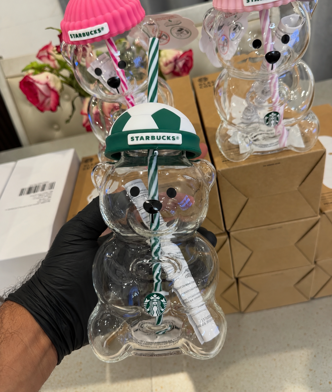 Starbucks Bearista Glass Bear Cup 20oz | Strawberry Straw Topper
