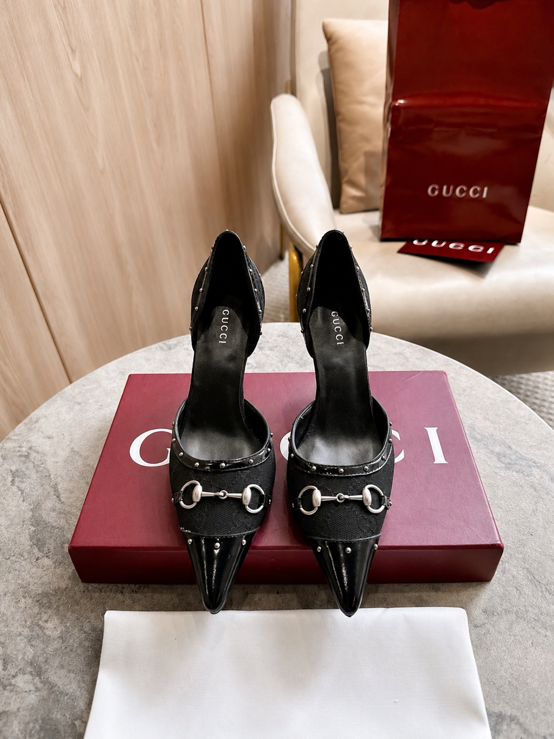 Gucci Brown GG Canvas Horsebit Studded Pointed-Toe D’Orsay Pumps
