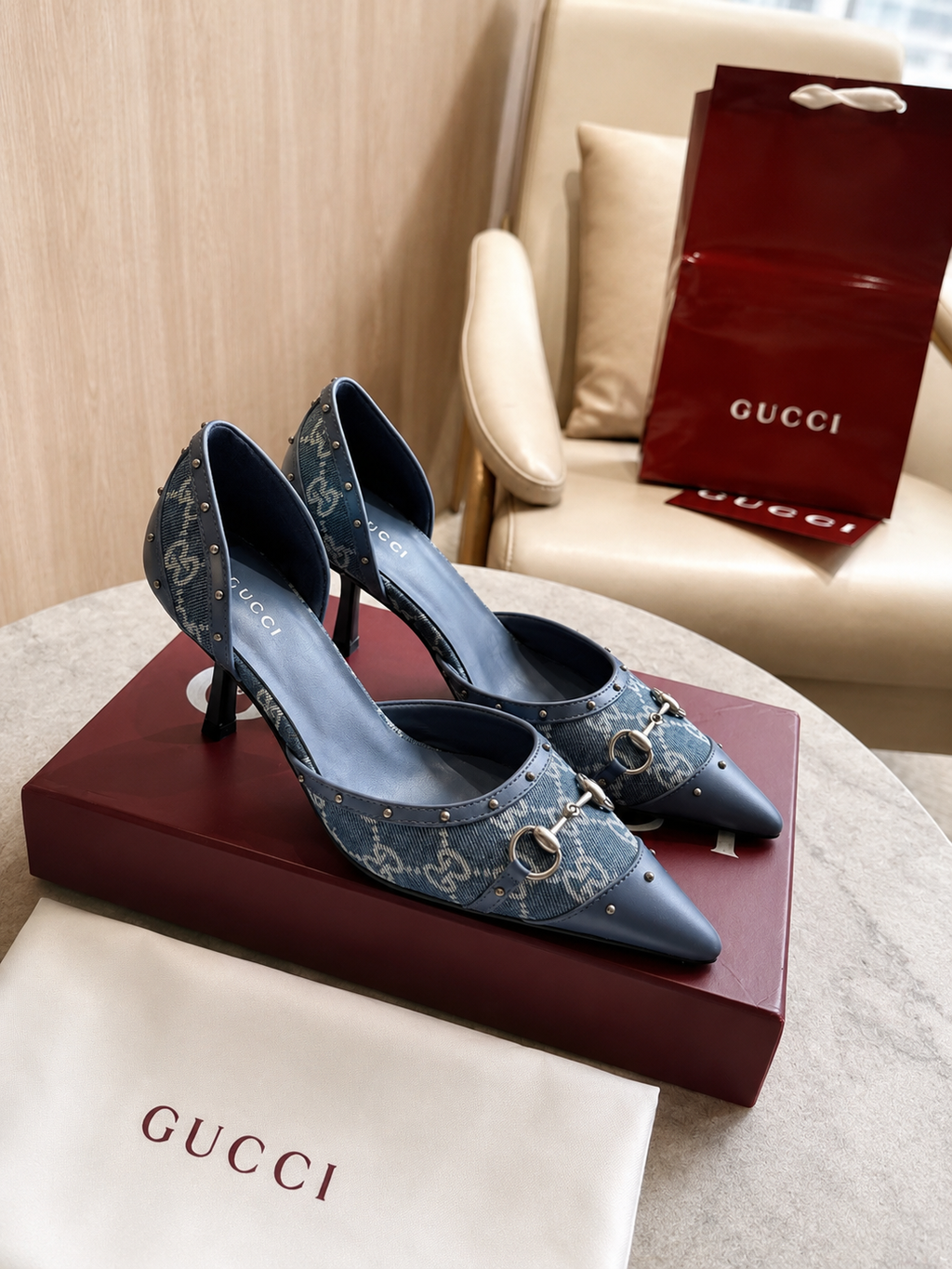 Gucci Gray GG Canvas Horsebit Studded Pointed-Toe D’Orsay Pumps