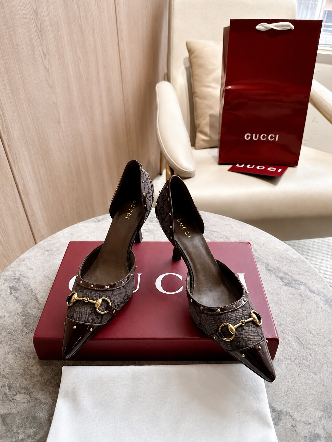 Gucci Brown GG Canvas Horsebit Studded Pointed-Toe D’Orsay Pumps
