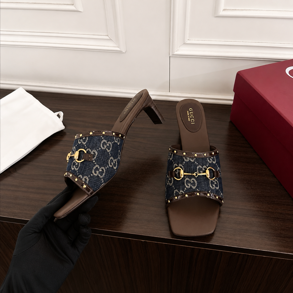 Gucci GG Monogram Denim Slide Sandal with Gold Horsebit Hardware