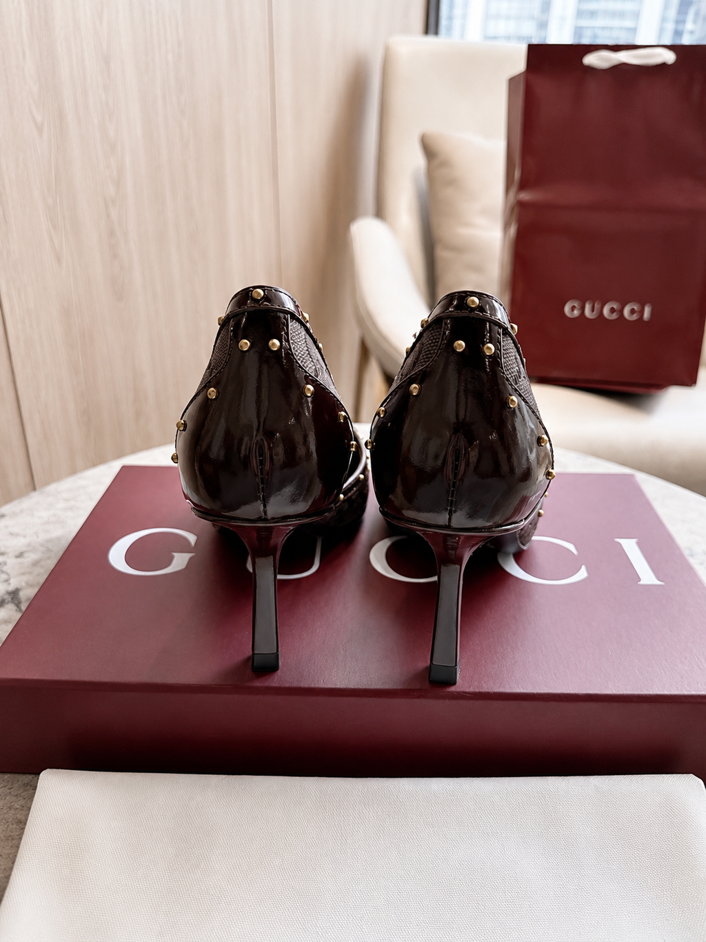 Gucci Brown GG Canvas Horsebit Studded Pointed-Toe D’Orsay Pumps