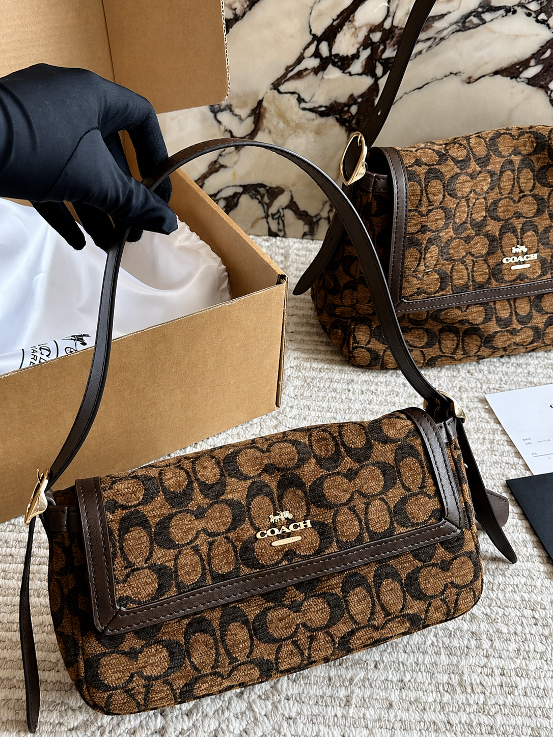 Coach Signature Monogram Crossbody Bag with Gold Hardware