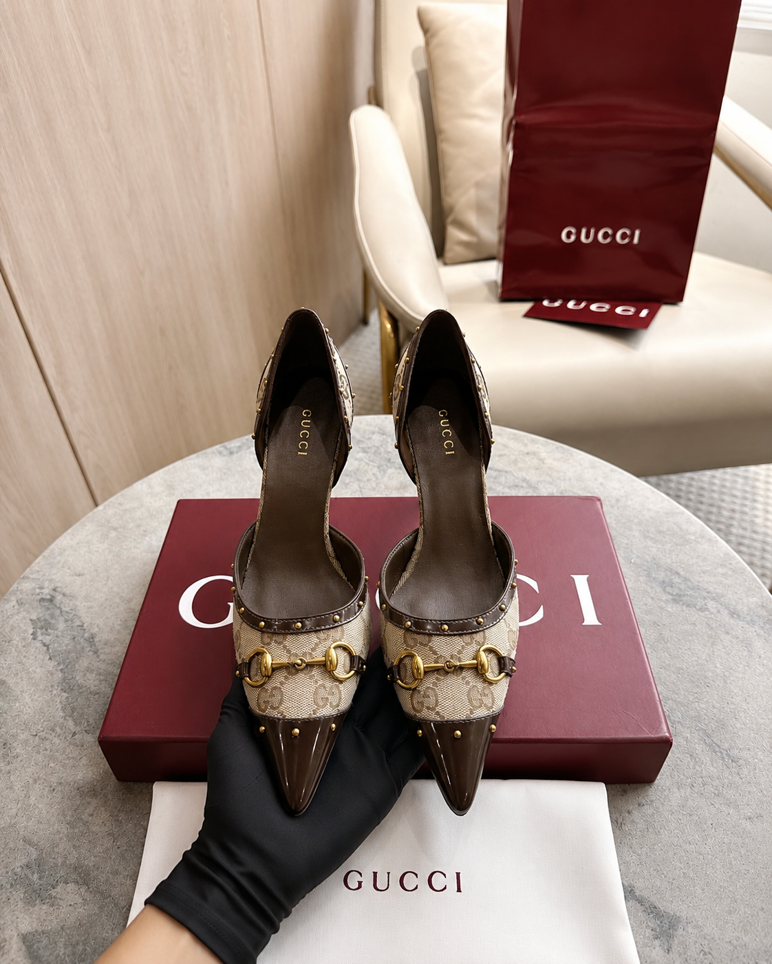 Gucci Pink GG Canvas Horsebit Studded Pointed-Toe D’Orsay Pumps