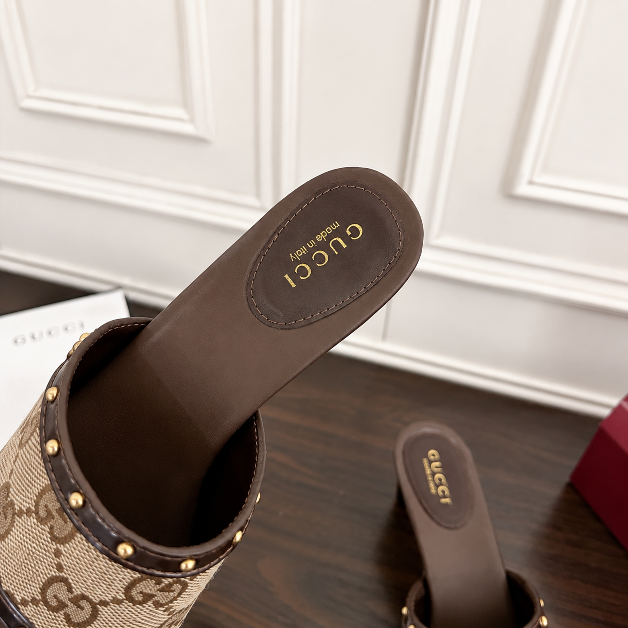 Gucci GG Monogram Canvas Heeled Mule with Gold Horsebit Hardware