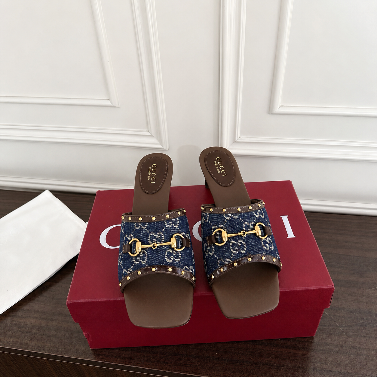 Gucci GG Monogram Denim Slide Sandal with Gold Horsebit Hardware