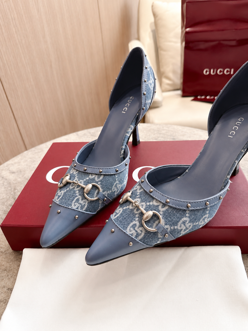 Gucci Gray GG Canvas Horsebit Studded Pointed-Toe D’Orsay Pumps