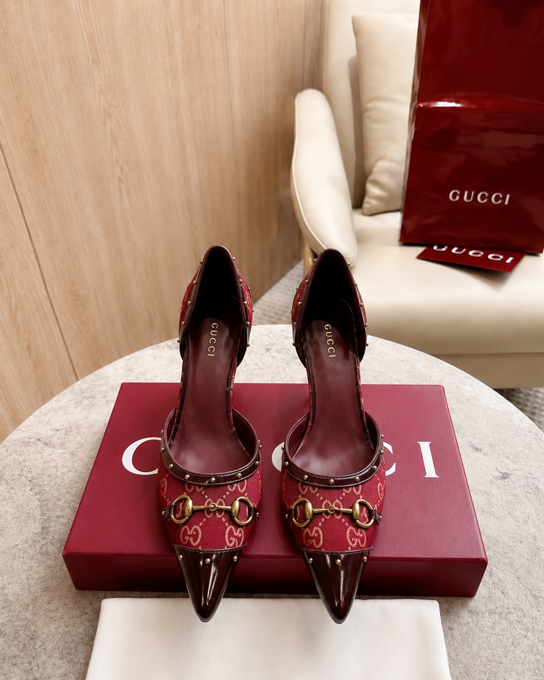 Gucci Brown GG Canvas Horsebit Studded Pointed-Toe D’Orsay Pumps