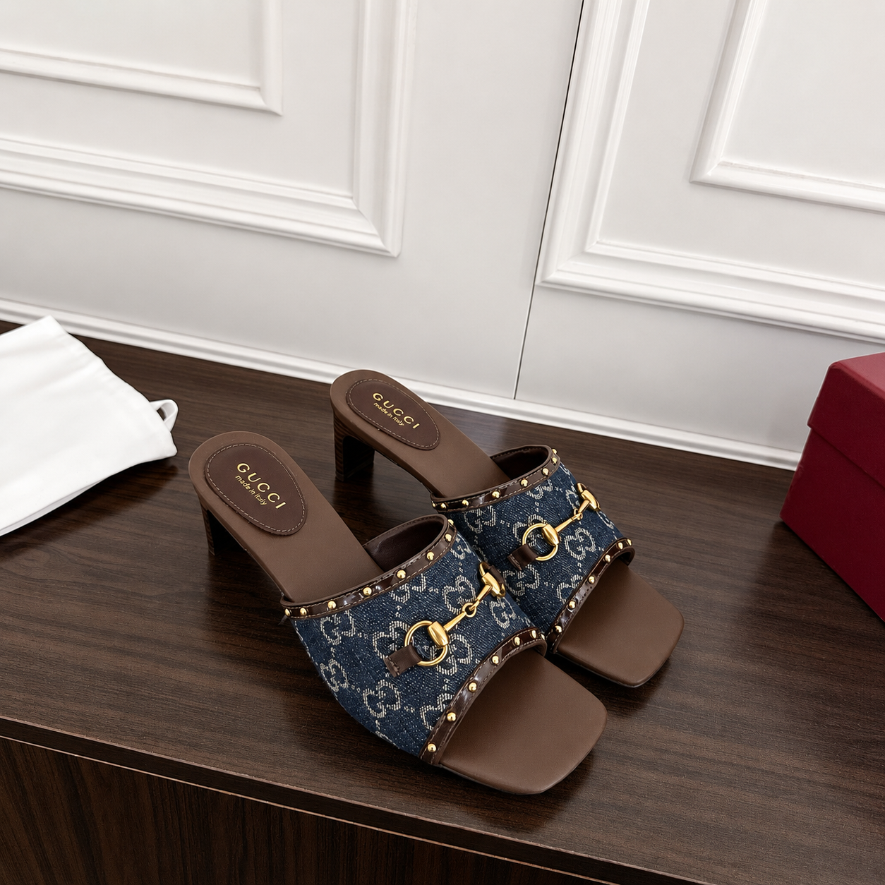 Gucci GG Monogram Denim Slide Sandal with Gold Horsebit Hardware