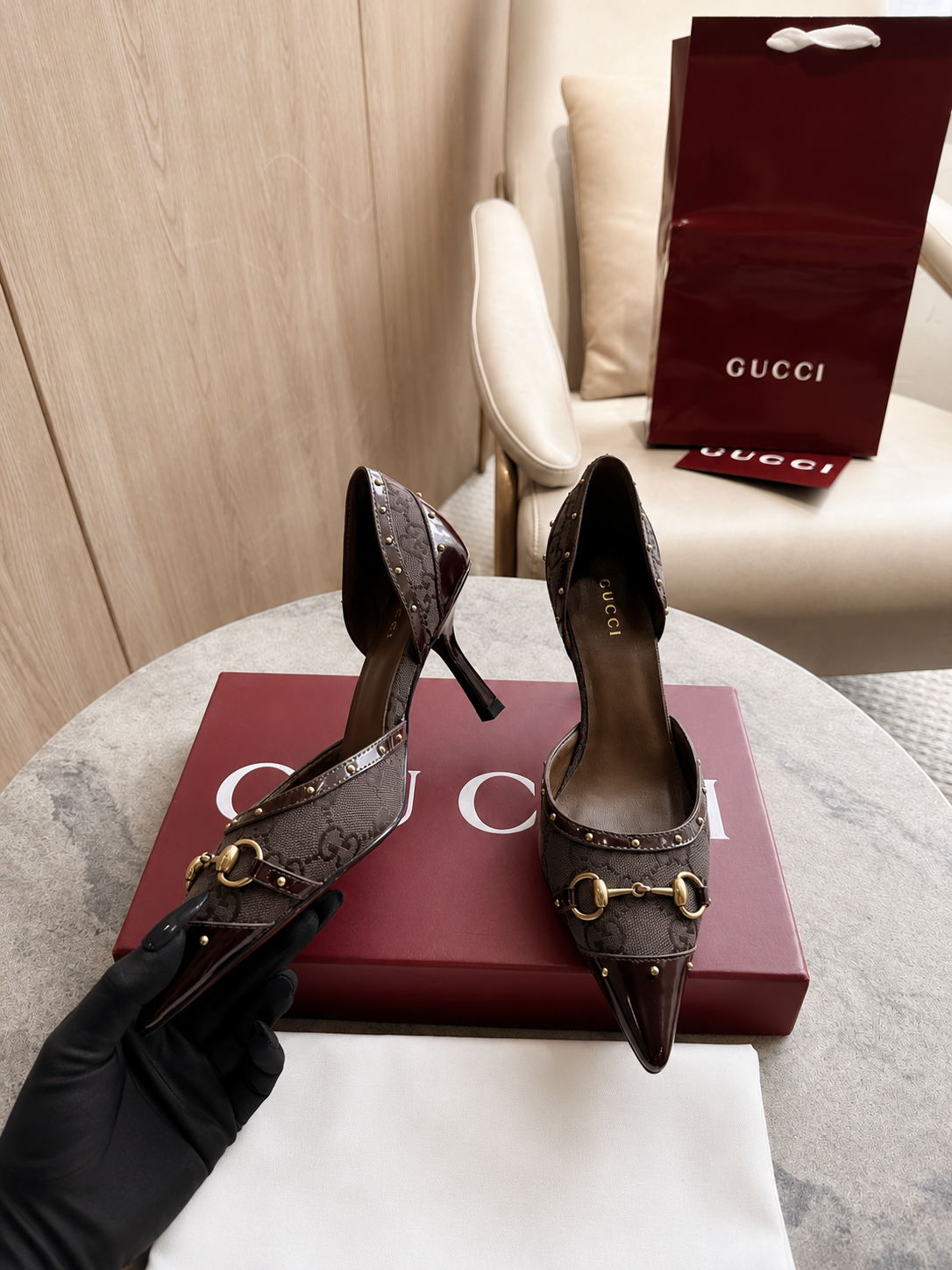 Gucci Brown GG Canvas Horsebit Studded Pointed-Toe D’Orsay Pumps