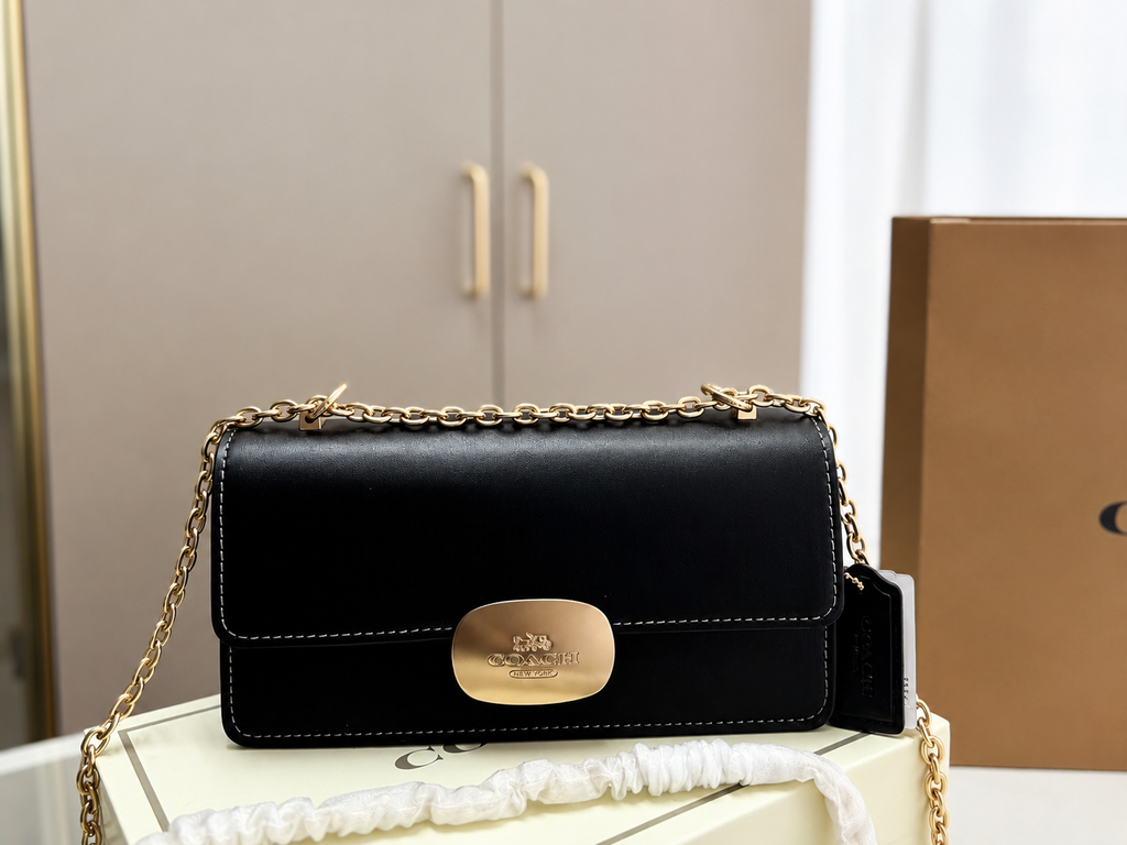Coach Logo Plaque Chain Crossbody Bag Black Leather Gold Chain