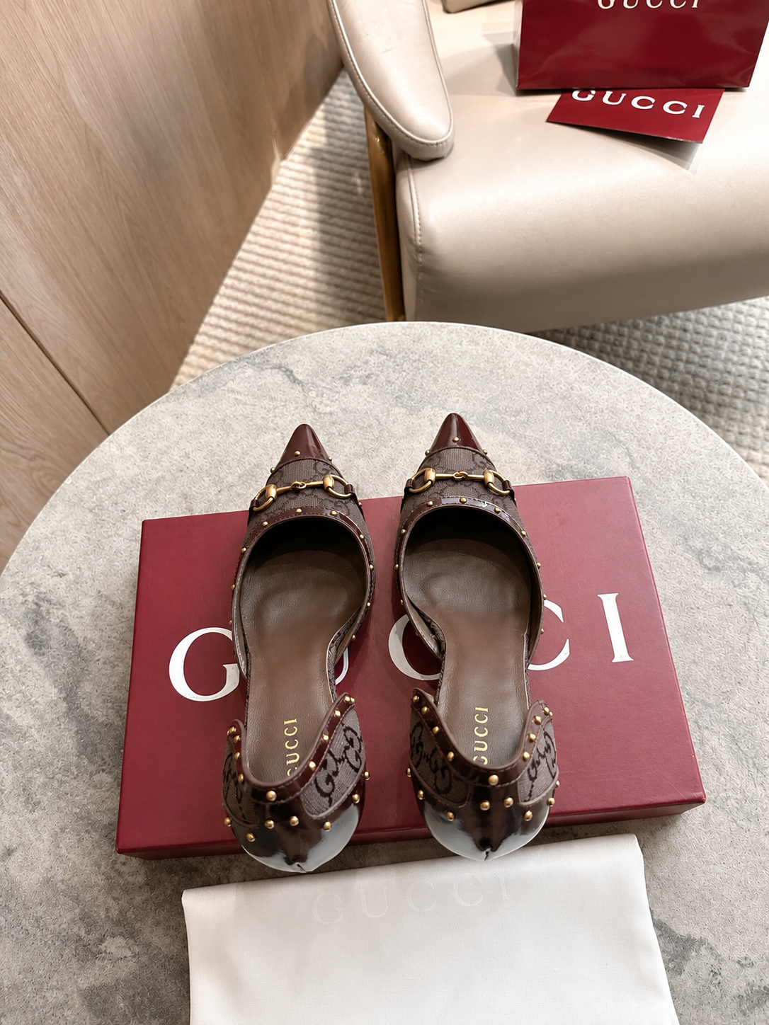Gucci Brown GG Canvas Horsebit Studded Pointed-Toe D’Orsay Pumps