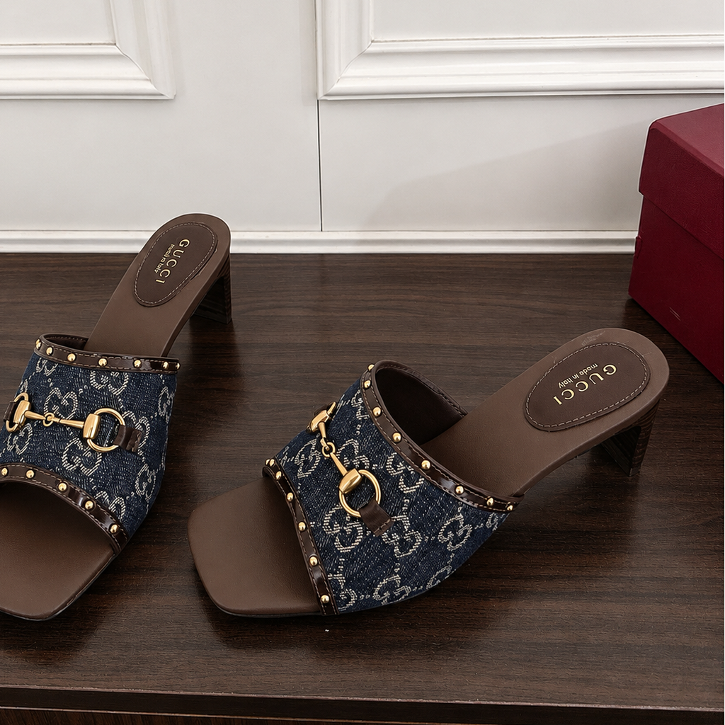 Gucci GG Monogram Denim Slide Sandal with Gold Horsebit Hardware