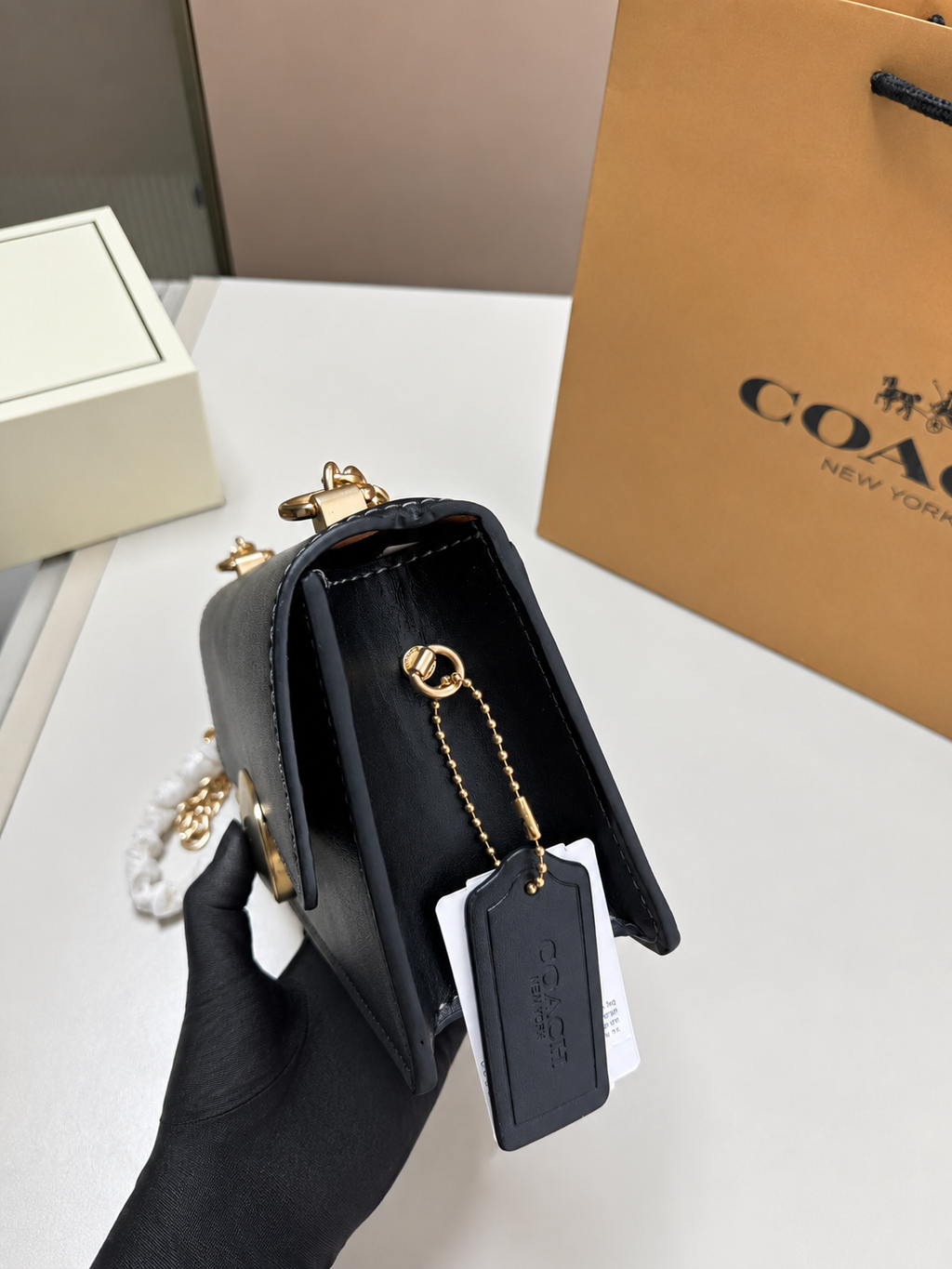 Coach Logo Plaque Chain Crossbody Bag Black Leather Gold Chain