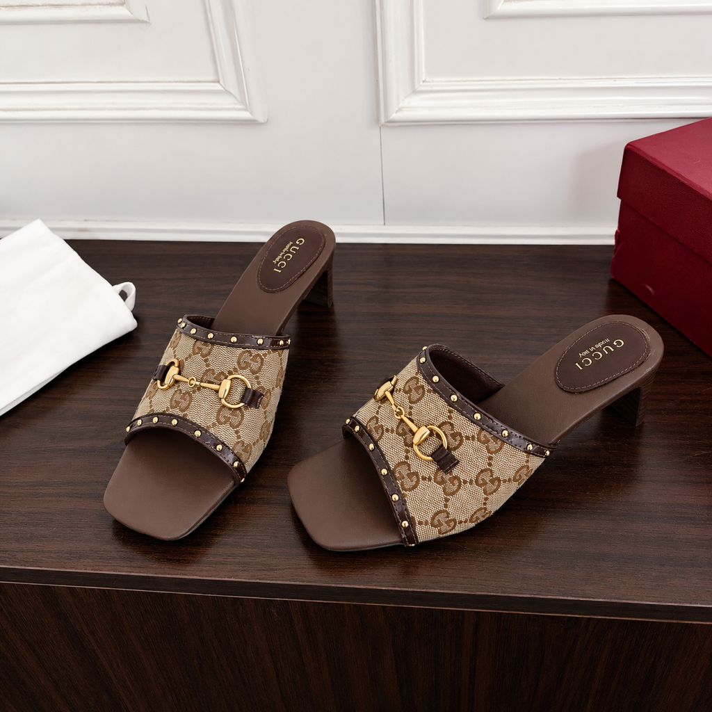 Gucci GG Monogram Canvas Heeled Mule with Gold Horsebit Hardware