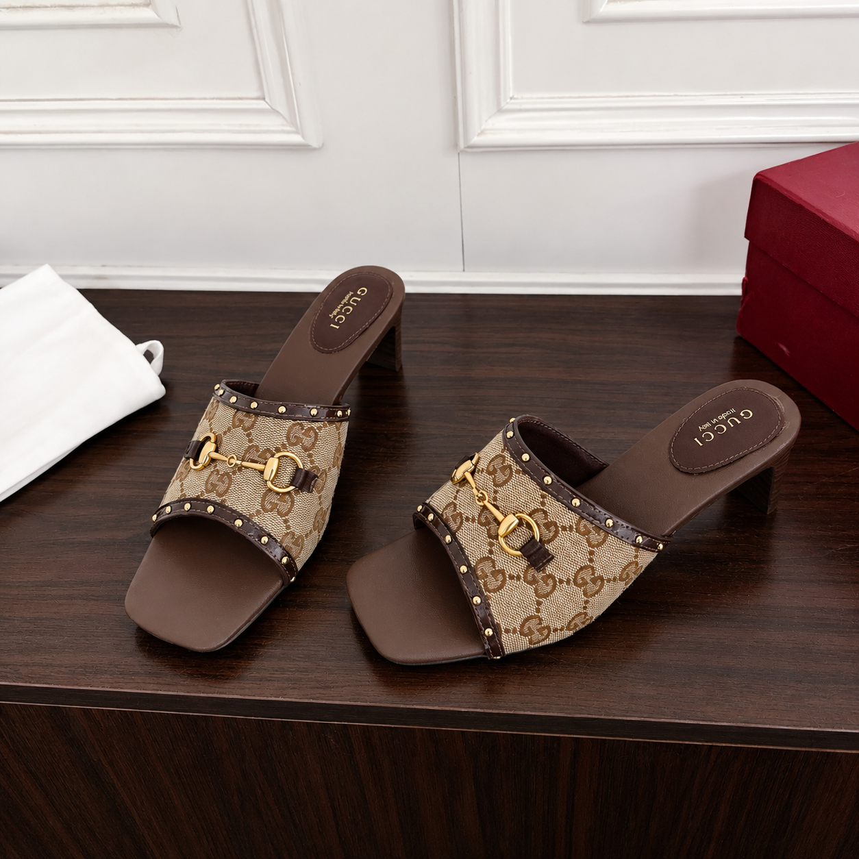 Gucci GG Monogram Canvas Heeled Mule with Gold Horsebit Hardware