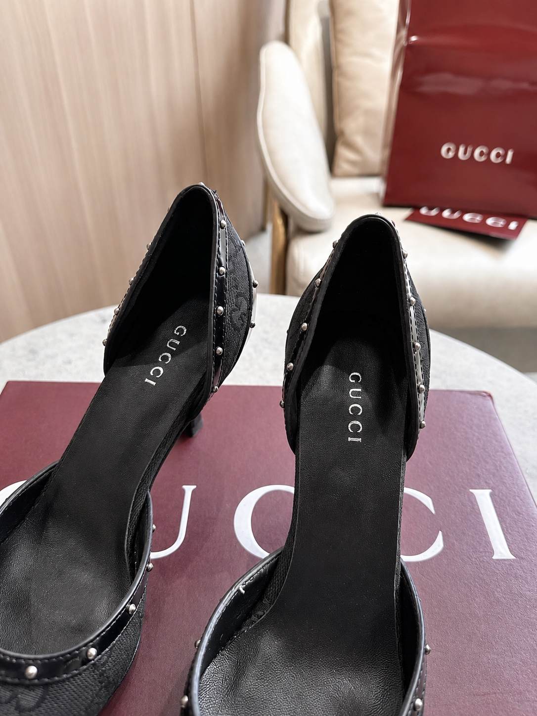 Gucci Black GG Canvas Horsebit Studded Pointed-Toe D’Orsay Pumps