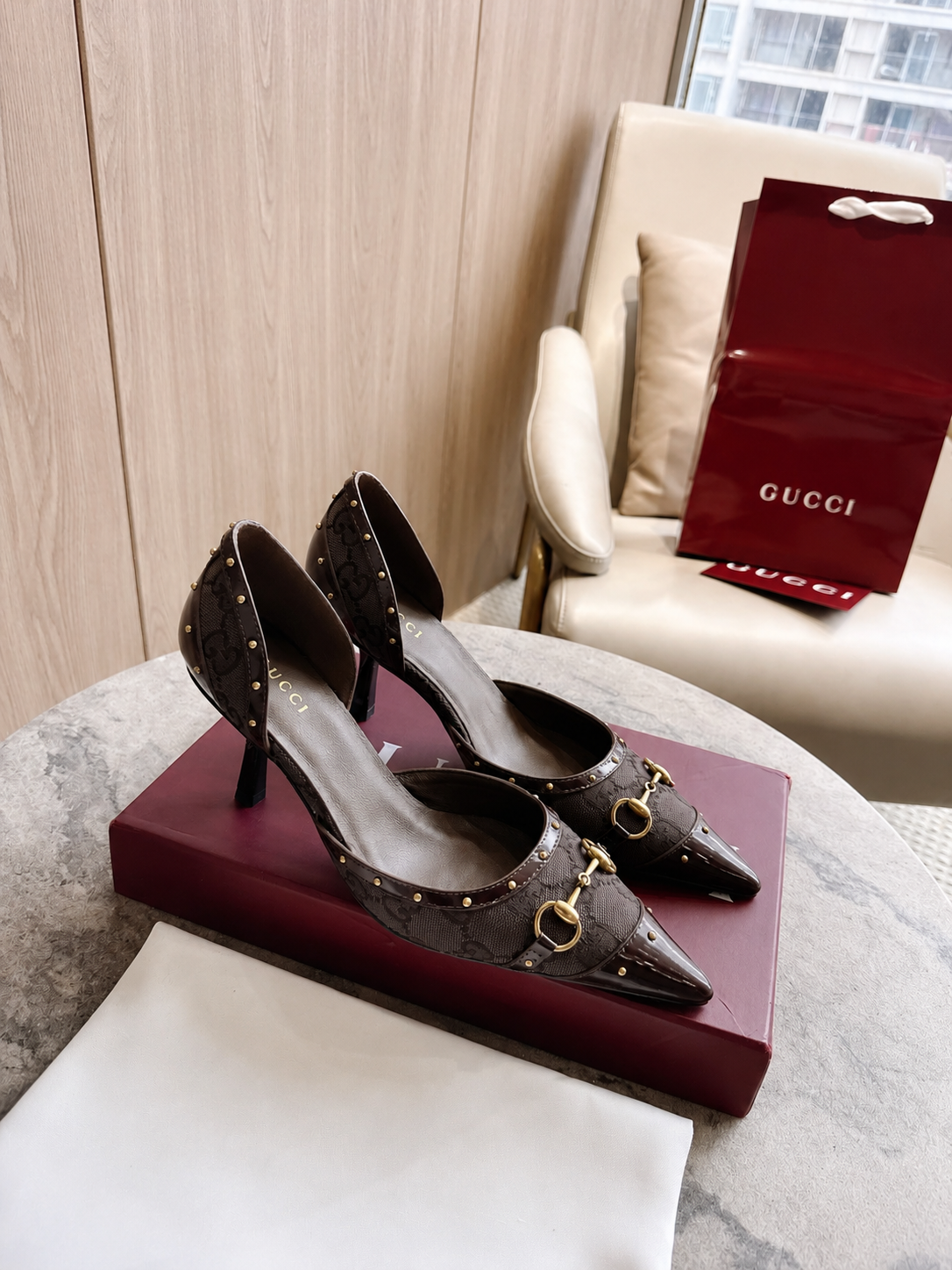 Gucci Brown GG Canvas Horsebit Studded Pointed-Toe D’Orsay Pumps