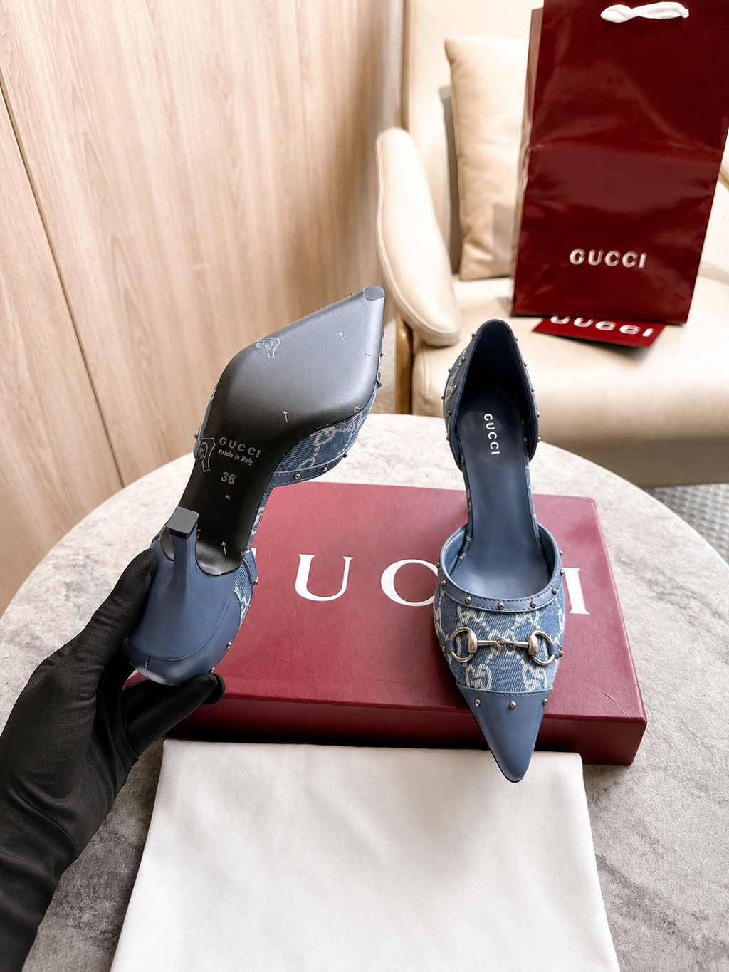 Gucci Gray GG Canvas Horsebit Studded Pointed-Toe D’Orsay Pumps