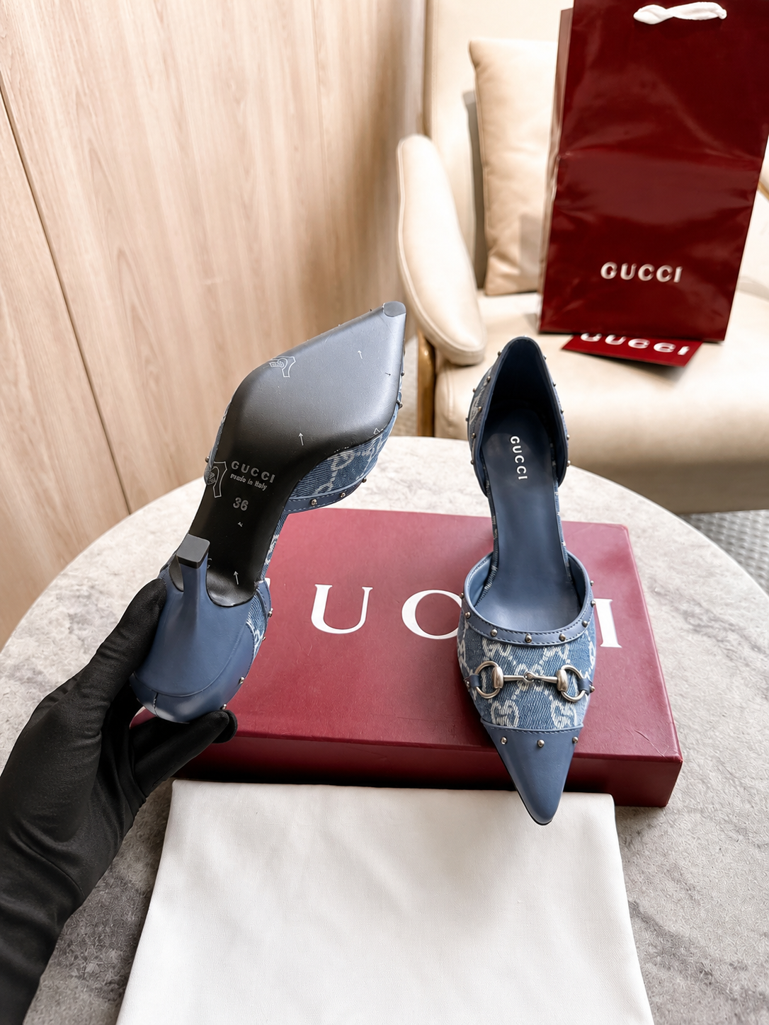 Gucci Gray GG Canvas Horsebit Studded Pointed-Toe D’Orsay Pumps
