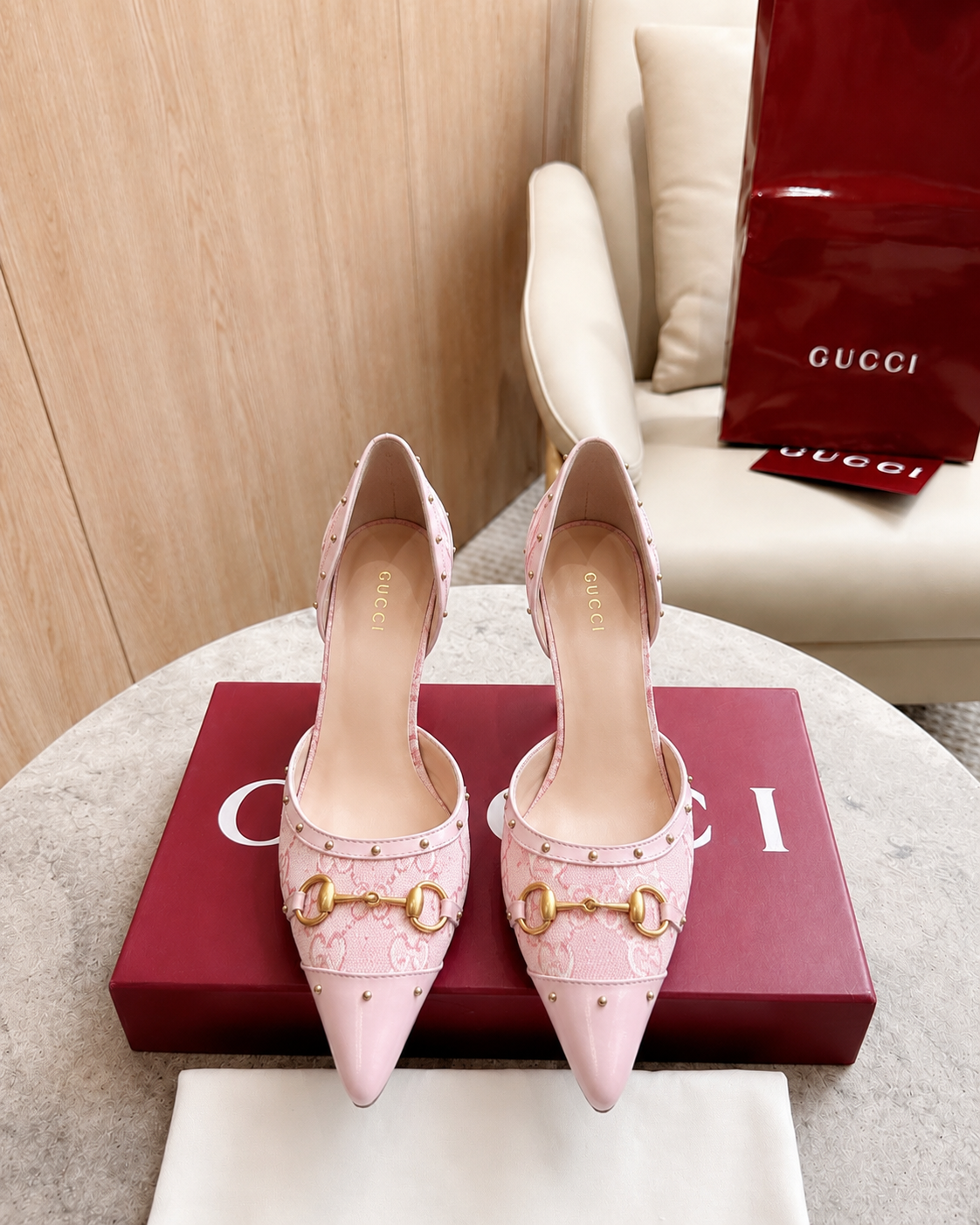 Gucci Brown GG Canvas Horsebit Studded Pointed-Toe D’Orsay Pumps