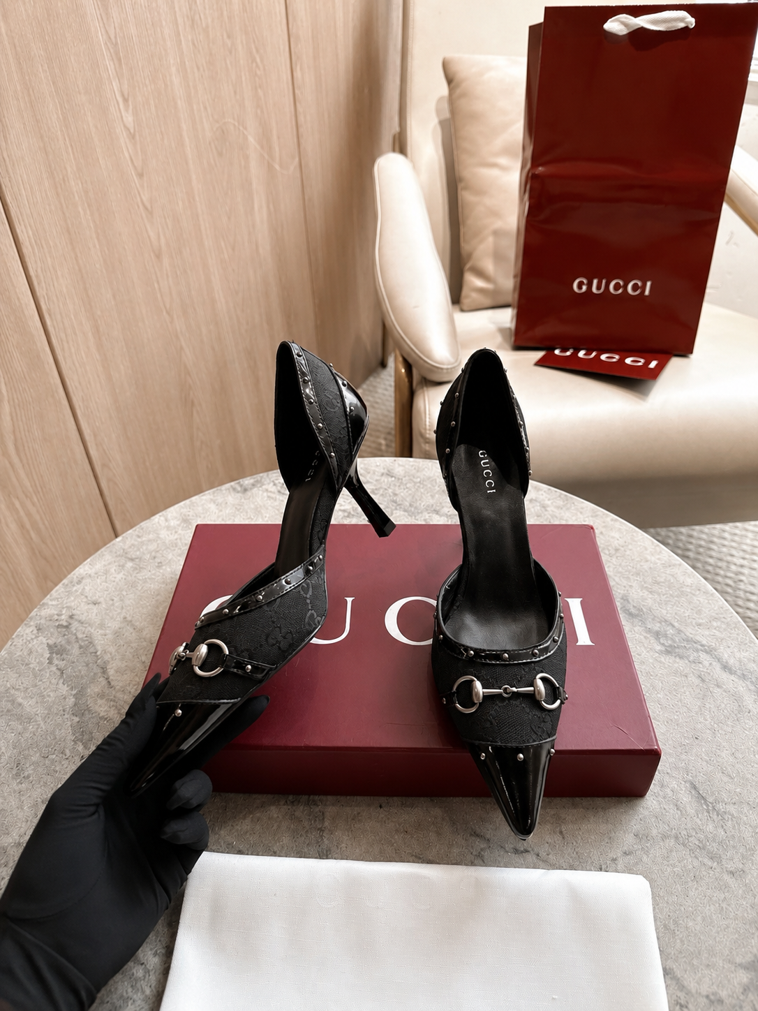 Gucci Black GG Canvas Horsebit Studded Pointed-Toe D’Orsay Pumps