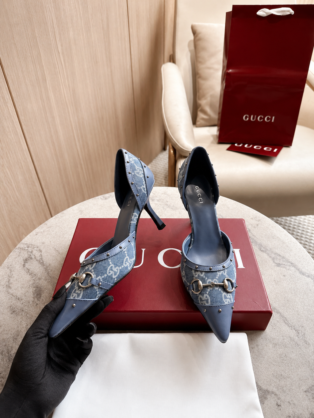 Gucci Gray GG Canvas Horsebit Studded Pointed-Toe D’Orsay Pumps
