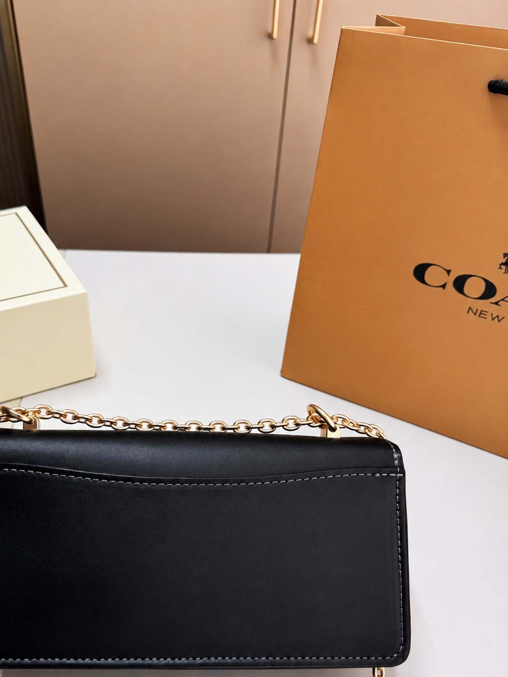 Coach Logo Plaque Chain Crossbody Bag Black Leather Gold Chain