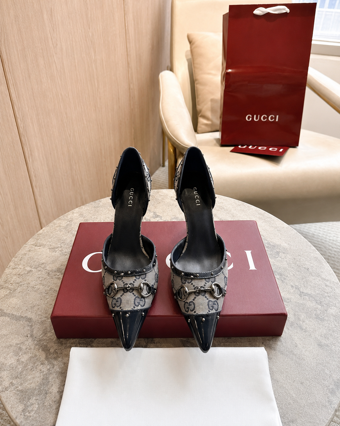 Gucci Pink GG Canvas Horsebit Studded Pointed-Toe D’Orsay Pumps