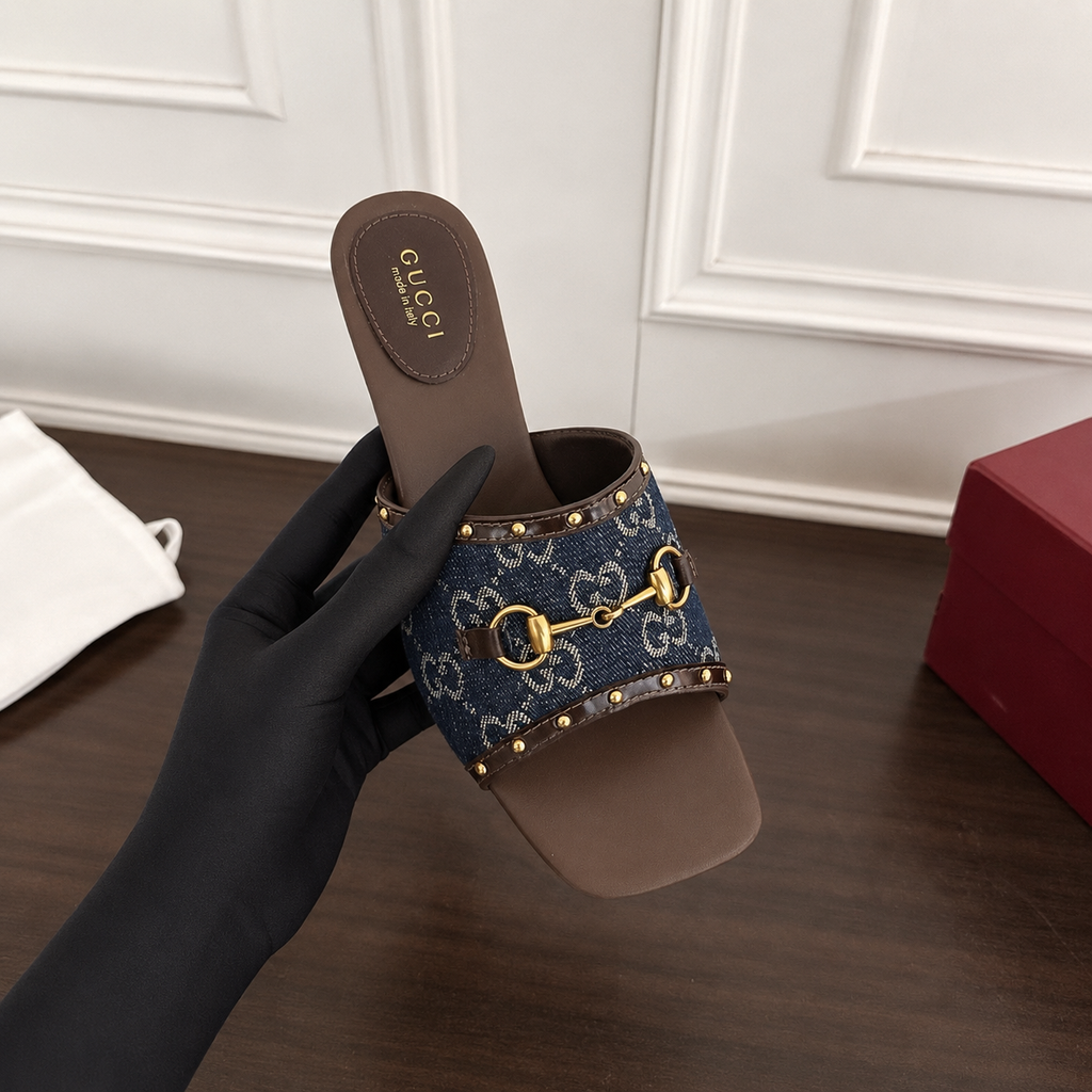 Gucci GG Monogram Denim Slide Sandal with Gold Horsebit Hardware