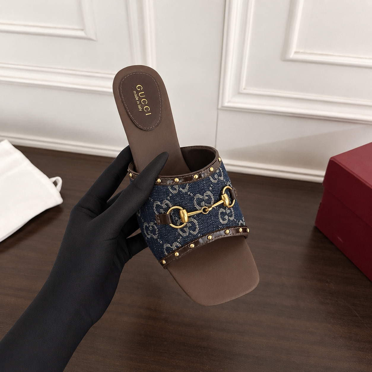 Gucci GG Monogram Denim Slide Sandal with Gold Horsebit Hardware