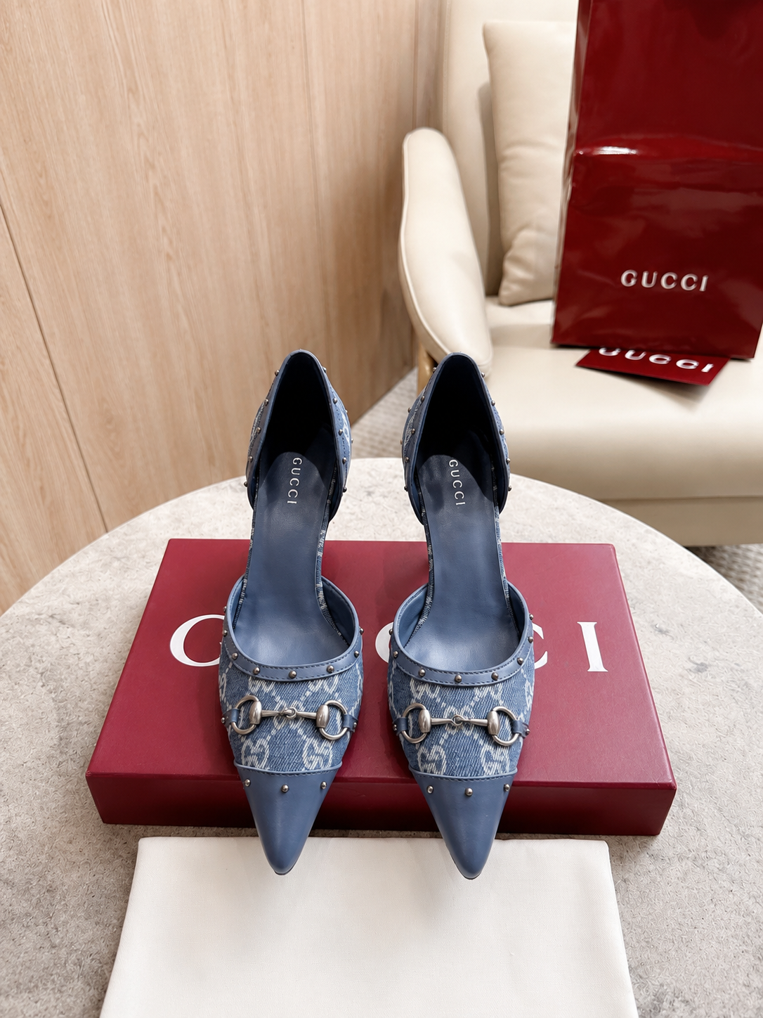 Gucci Pink GG Canvas Horsebit Studded Pointed-Toe D’Orsay Pumps