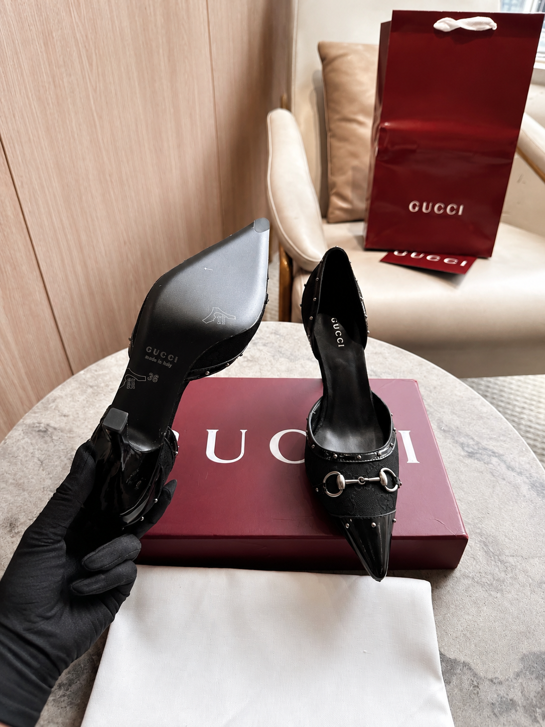 Gucci Black GG Canvas Horsebit Studded Pointed-Toe D’Orsay Pumps