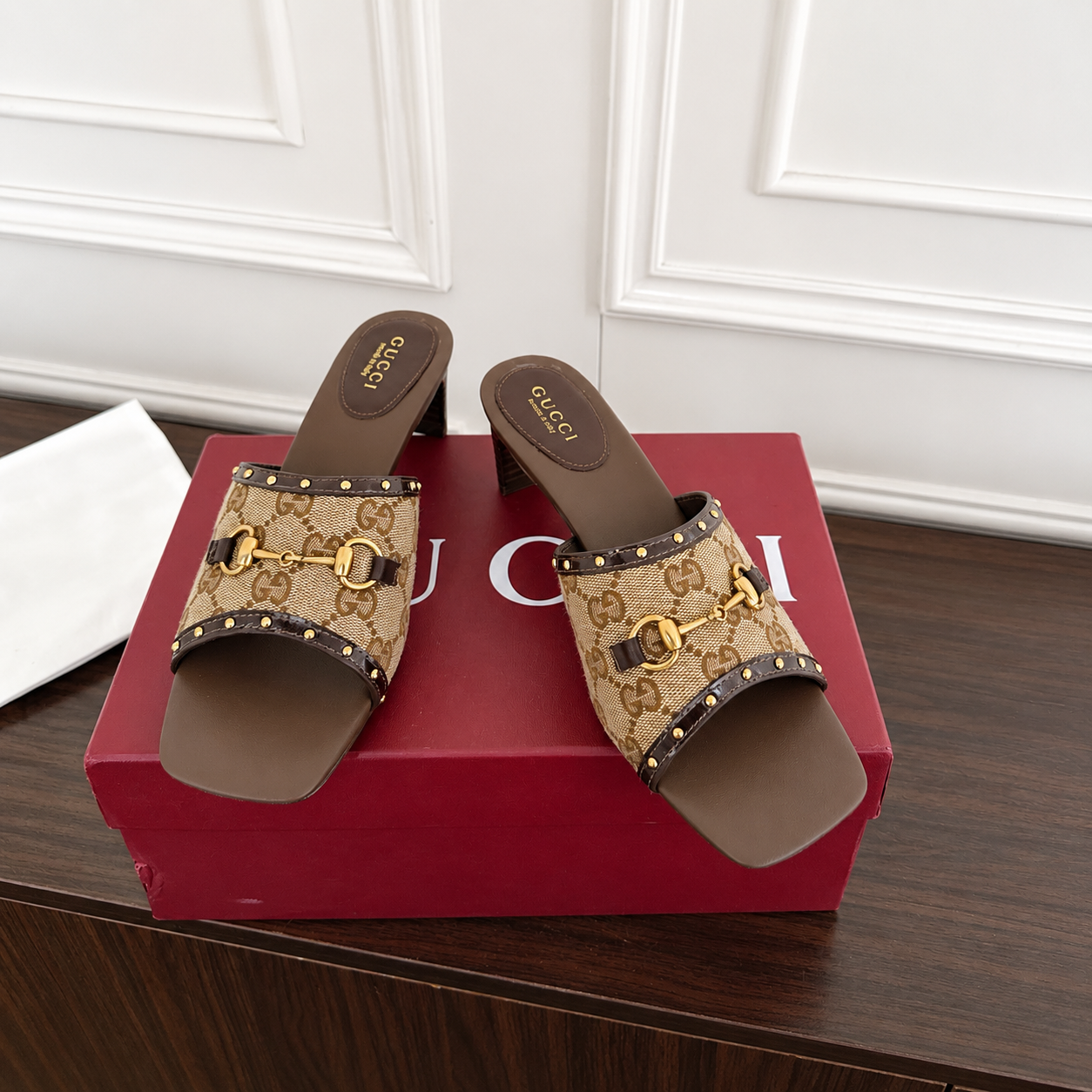 Gucci GG Monogram Canvas Heeled Mule with Gold Horsebit Hardware