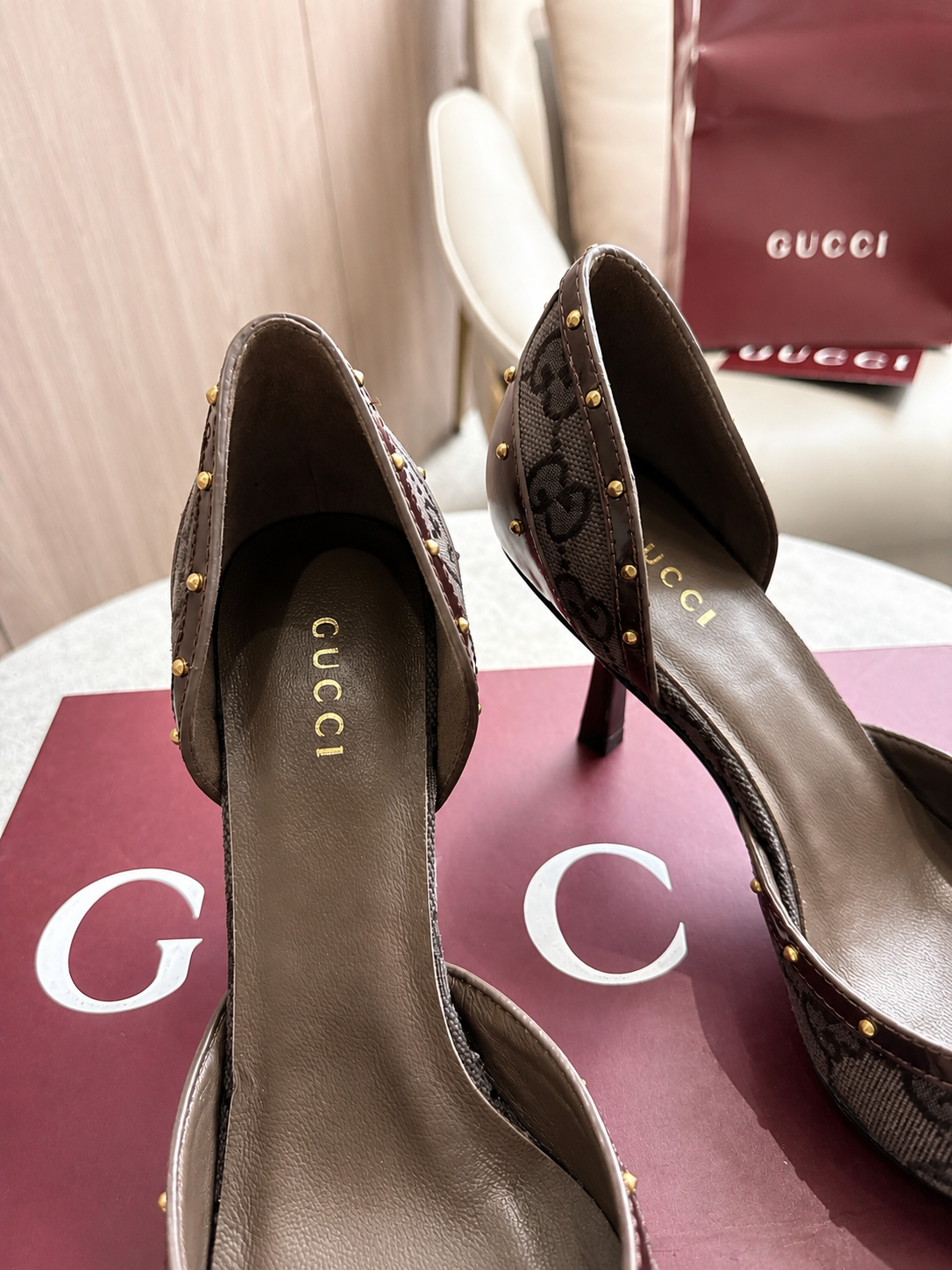 Gucci Brown GG Canvas Horsebit Studded Pointed-Toe D’Orsay Pumps