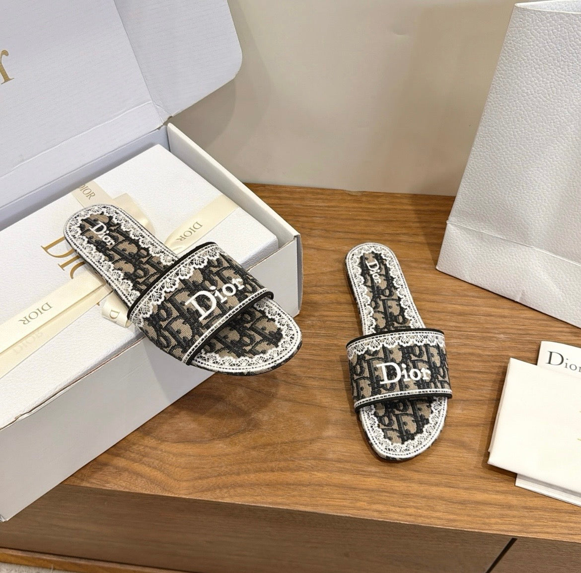 Dior Oblique Monogram Lace Slide Sandal