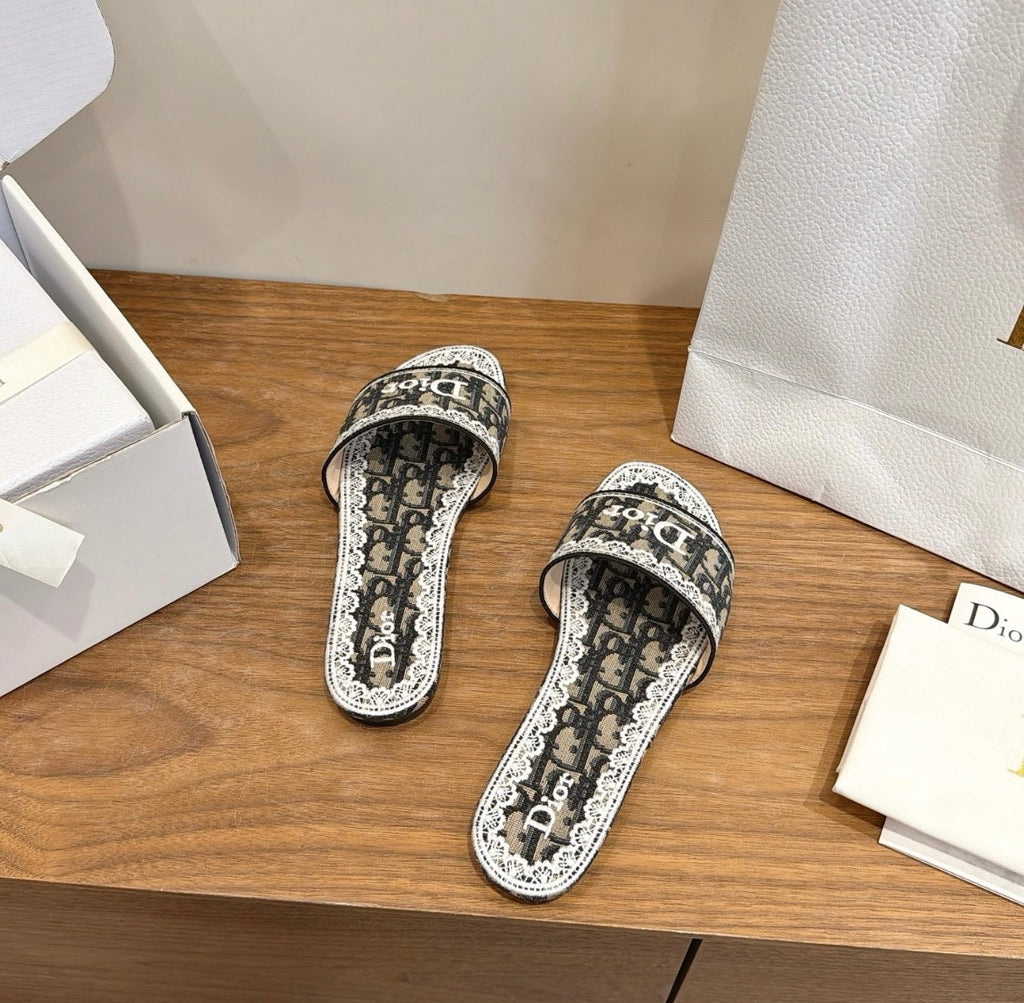 Dior Oblique Monogram Lace Slide Sandal