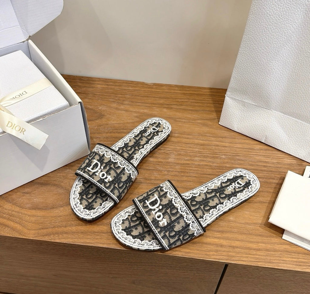 Dior Oblique Monogram Lace Slide Sandal