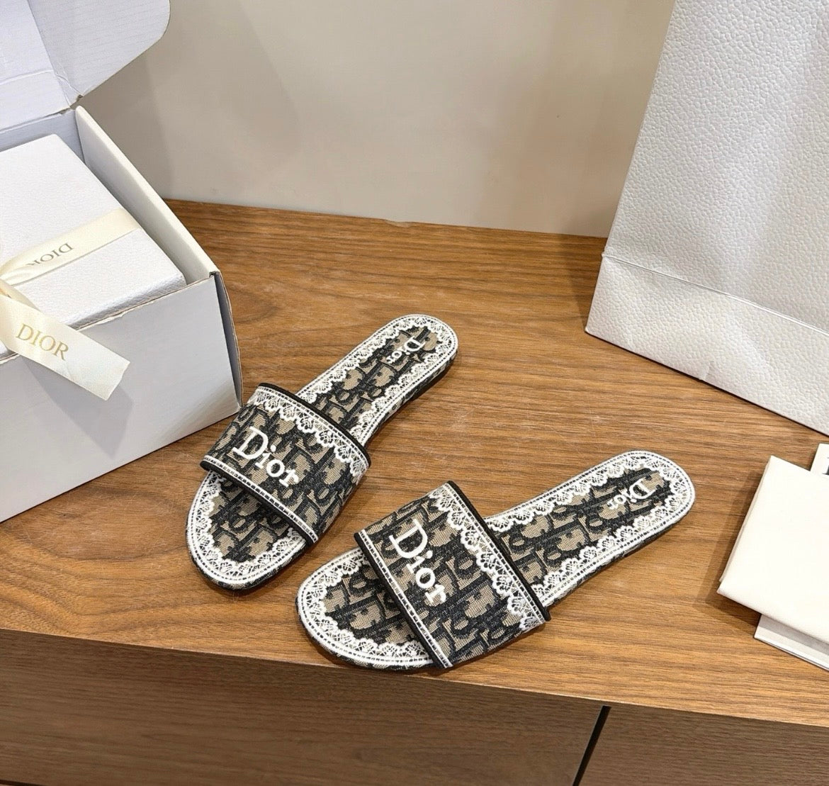 Dior Oblique Monogram Lace Slide Sandal