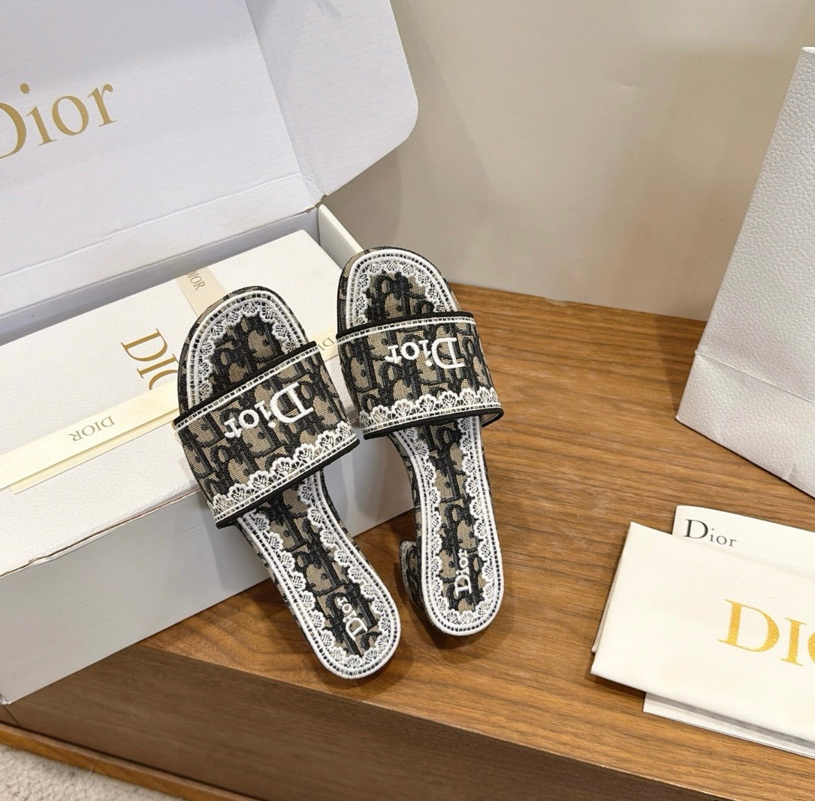 Dior Oblique Monogram Lace Heeled Mule Sandal