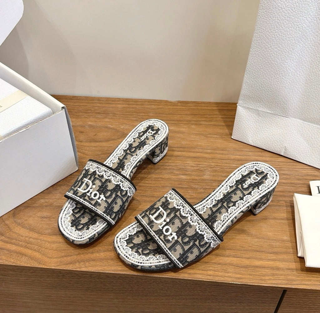 Dior Oblique Monogram Lace Heeled Mule Sandal